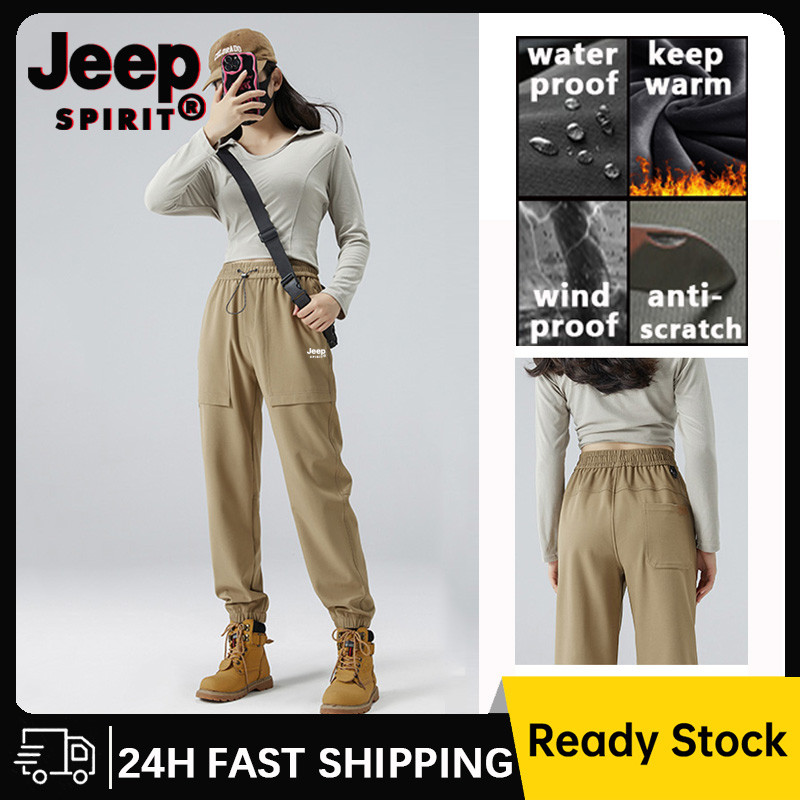 Jeep SPIRIT ขนแกะหนากางเกงอุ่นผู้หญิงผู้ชายฤดูหนาวกันน้ํา Windproof Jogger กางเกง Unisex เดินป่า Camping ปีนเขาเล่นสกีกางเกง