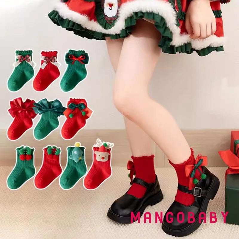 Mg-toddler Girls Christmas Socks น่ารัก 3D Antler Bow Tree Crew ถุงเท้านุ่มถุงเท้าผ้าฝ้ายระบายอากาศ