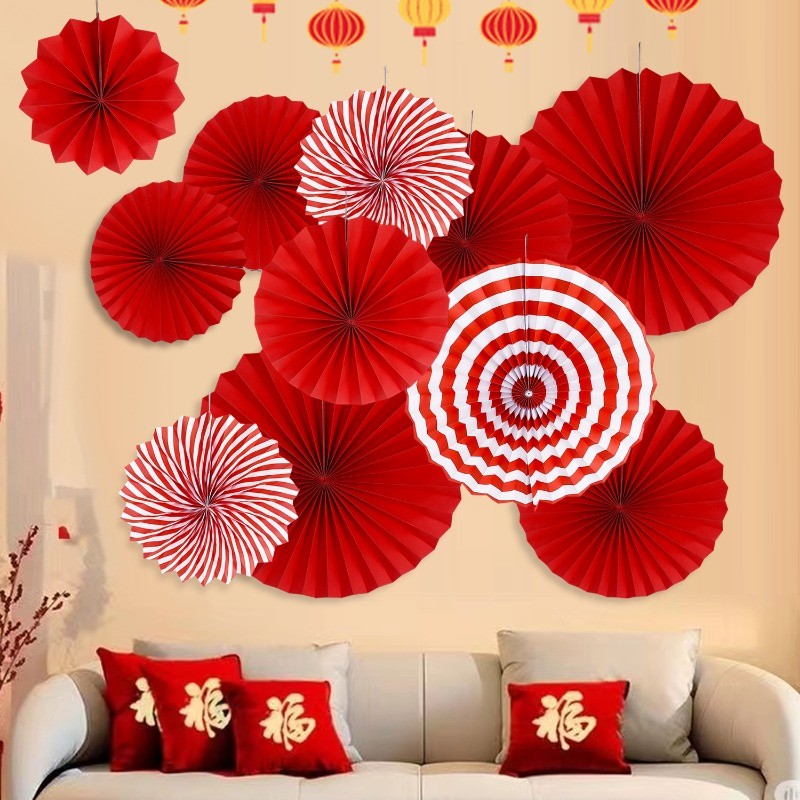 6 ชิ้น/เซ็ตปีใหม่สีแดงพับกระดาษพัดลม-บ้านเทศกาลฤดูใบไม้ผลิพรรคแฟนดอกไม้ตกแต่งจี้-ผนังพื้นหลังเครื่องประดับ