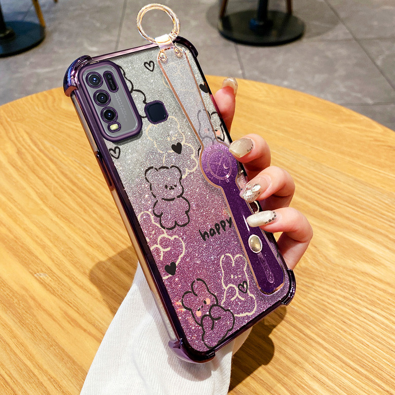 ปลอกสําหรับ Vivo Y50 Y30 Y30i 1935 1938 หรูหราสี่มุม Anti Drop Line Bear สายรัดข้อมือวงเล็บ Glitter Powder ฝาครอบป้องกัน