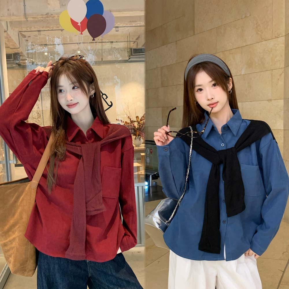 ซูซี่ เกาหลีย้อนยุคผ้าคลุมไหล่ปกเสื้อหลวมเสื้อแขนยาวผู้หญิง 241121
