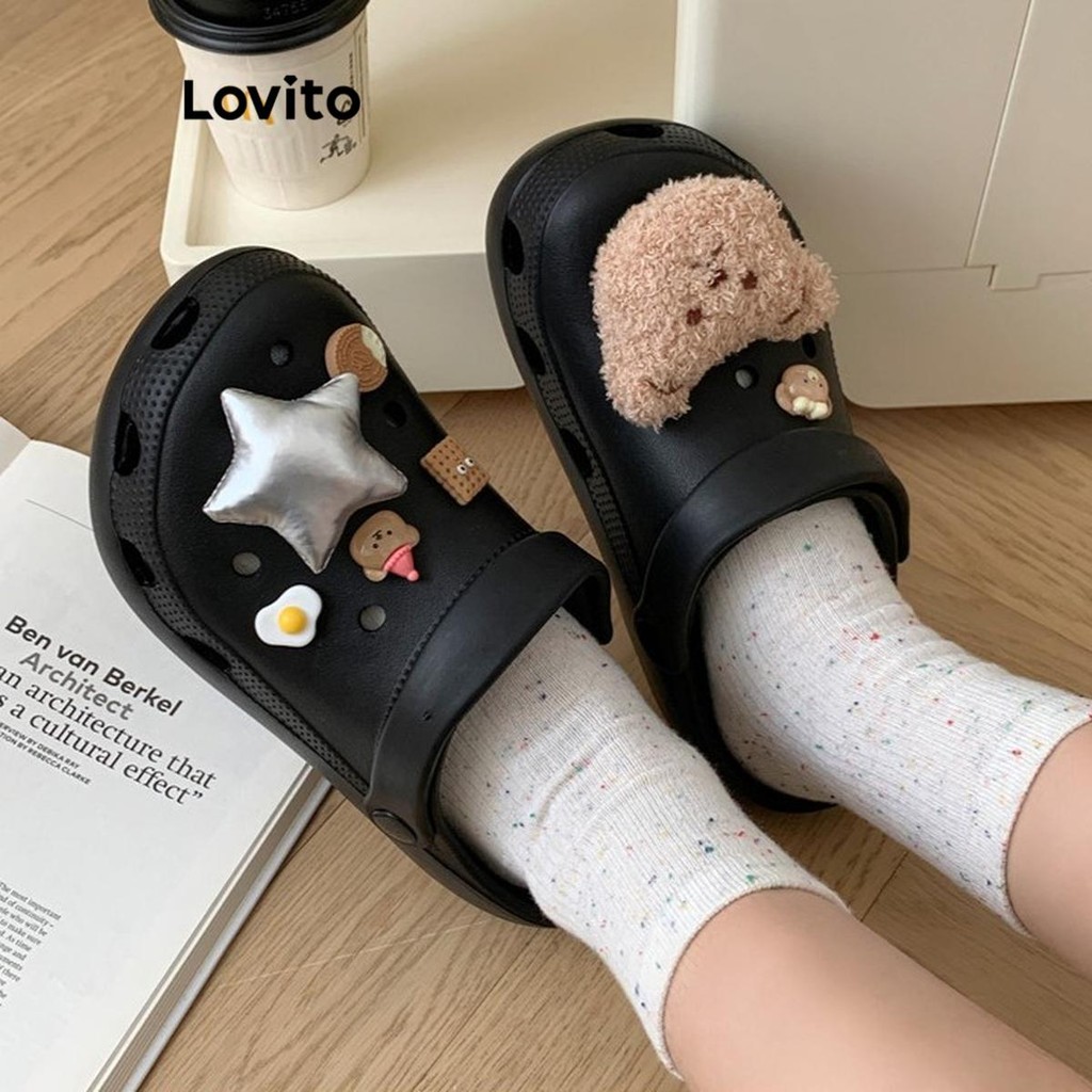 Lovito รองเท้าแตะแบนการ์ตูนน่ารัก ลายดาวหมีน้อยหนา แต่เพียงผู้เดียวรองเท้าแตะแบนสำหรับผู้หญิง LFA47313