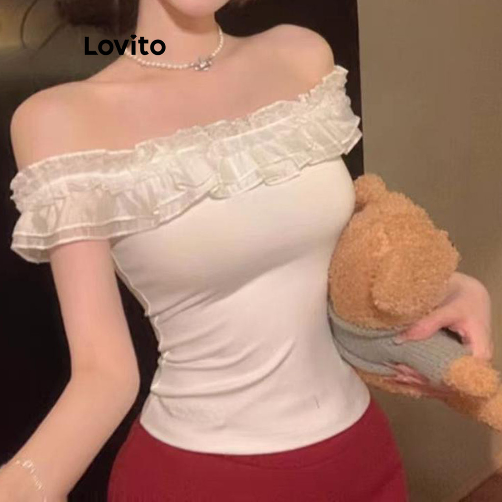 Lovito เสื้อยืดผู้หญิง ลูกไม้ สีพื้น สไตล์ลำลอง LNA67150