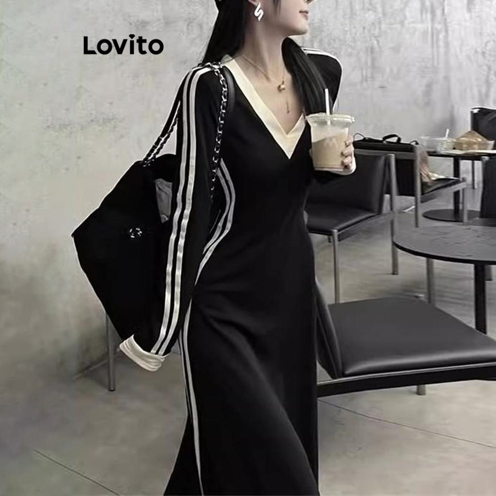 Lovito ชุดเดรสผู้หญิง แต่งขอบสีตัดกัน ลายแพทช์เวิร์ค สไตล์ลำลอง LNA40037