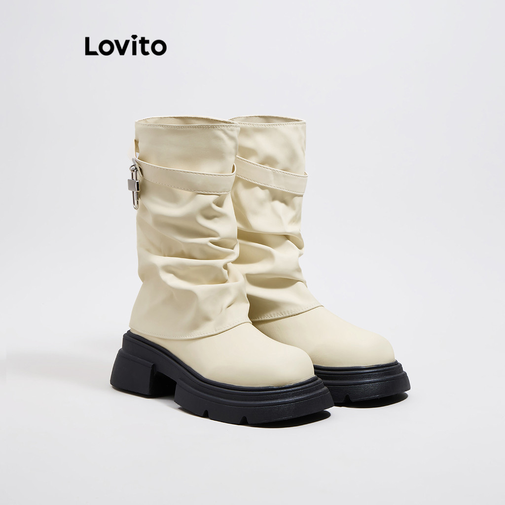 (Lovito Refine) โลหะธรรมดาทำความสะอาดง่ายรองเท้าบูทแฟชั่น แต่เพียงผู้เดียวหนาสำหรับผู้หญิง LFA46170