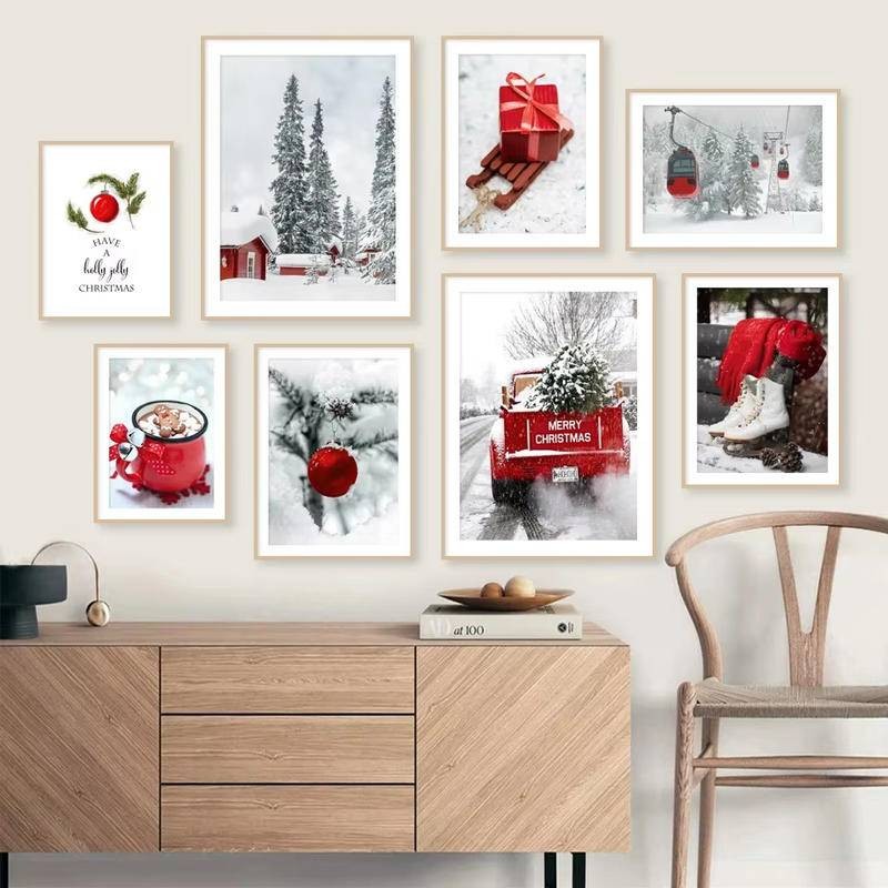Merry Christmas Pine Tree รถบรรทุกสกี Lift Wall Art ภาพวาดผ้าใบ Nordic โปสเตอร์และพิมพ์ภาพผนังสําหรับห้องนั่งเล่นตกแต่ง