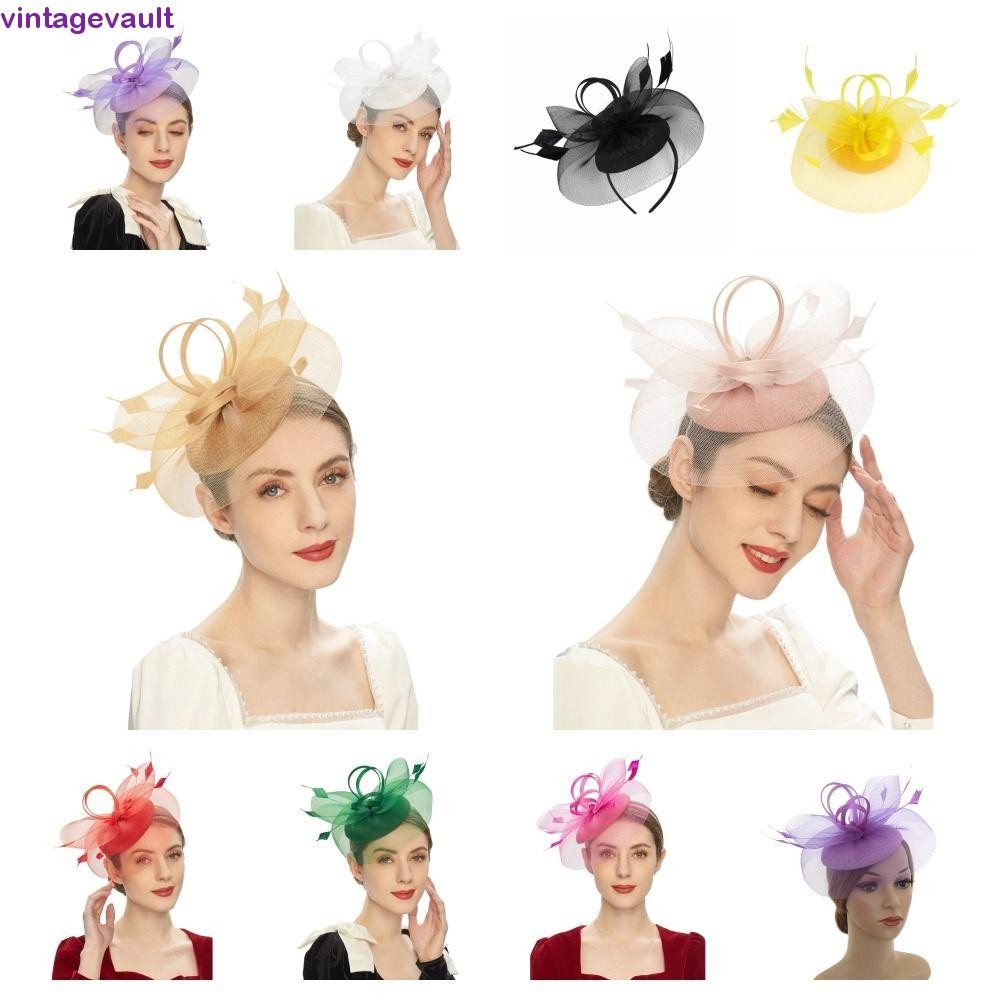 Vintagevault หมวกตาข่าย Fascinator หมวกขนนกประณีต Veil หมวก, Vintage Elegant Hair Hoop เจ้าสาวหวานการถ่ายภาพ
