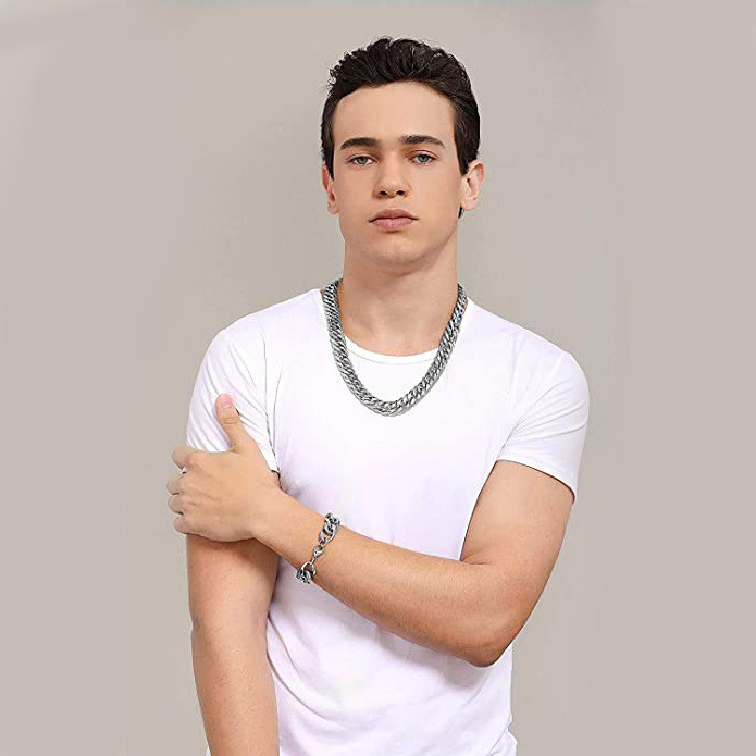 [RSQ] คิวบาโซ่ผ้ายีนส์สแตนเลสหัวเข็มขัดคู่สร้อยคอทอแฟชั่นไทเทเนียมเหล็กโซ่เครื่องทอโซ่