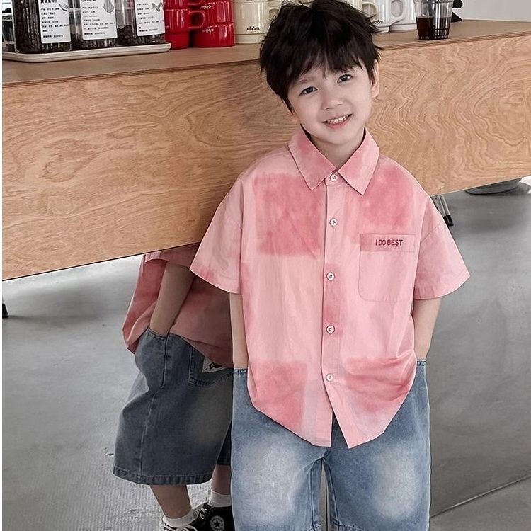 (((80-150ซม.) เสื้อเชิ้ตแขนสั้นเด็กชายสีชมพูหลวมเด็กทารกแฟชั่นฤดูร้อน Influencer เสื้อด้านบน