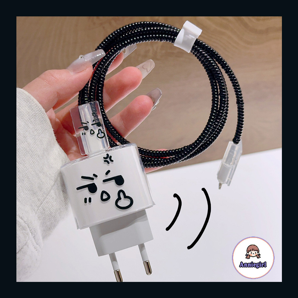Euro น่ารัก Emoji ชัดเจน เครื่องชาร์จ ตัวป้องกัน สําหรับ Iphone 20W สีดํา ขดลวดขดลวดข้อมูล สวมใส่สาย Winder Protector สําหรับ USB/Type-C