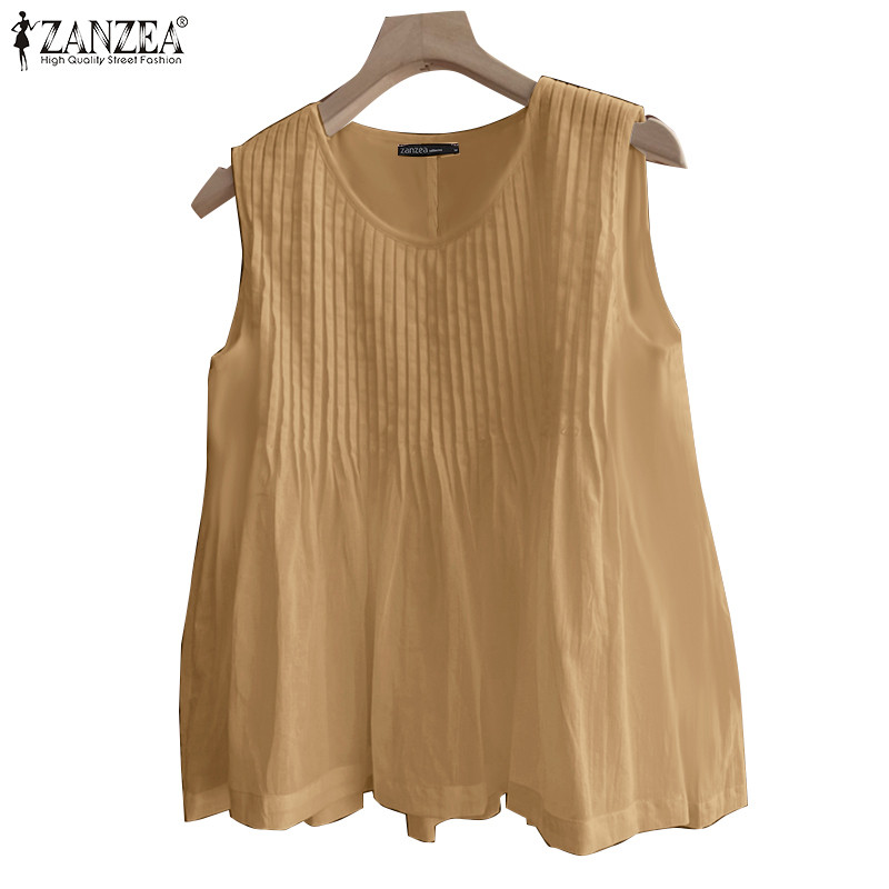 ZANZEA ซานเซีย ผู้หญิงฤดูร้อนเกาหลีลําลองจีบคอวีแขนกุดหลวมถัง - รูปที่ 4