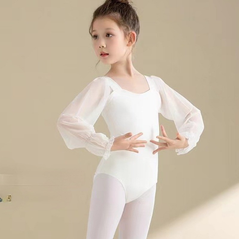 ฤดูใบไม้ผลิเด็กน่ารักบัลเล่ต์แขนยาว Leotard Dancewear แขนตาข่ายสีขาว Gym Dance บอดี้สูท