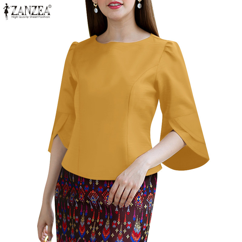 ZANZEA ซานเซีย ผู้หญิงลําลอง โอ คอ3/4แขนเอวเสื้อเบลาส์หรูหรา