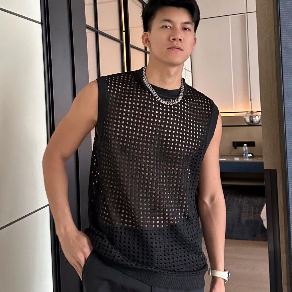 เสื้อกล้าม เสื้อยืดแขนกุดผู้ชายฟิตเนสกีฬาตาข่ายไหล่