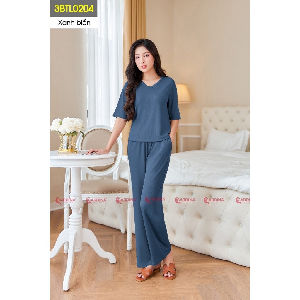 ชุดสตรี CARDINA เชื่อมไม้จิ้มฟันกางเกงตรงแขนหลวม V คอยืดสบาย Slim Fit Flattering 3BTL02