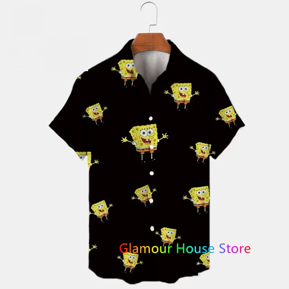 Miniso ใหม่ผู้ชายปกแขนสั้นเสื้อฮาวายฤดูร้อน Spongebob รูปแบบพิมพ์ Harajuku Casual Street Trend KIds/
