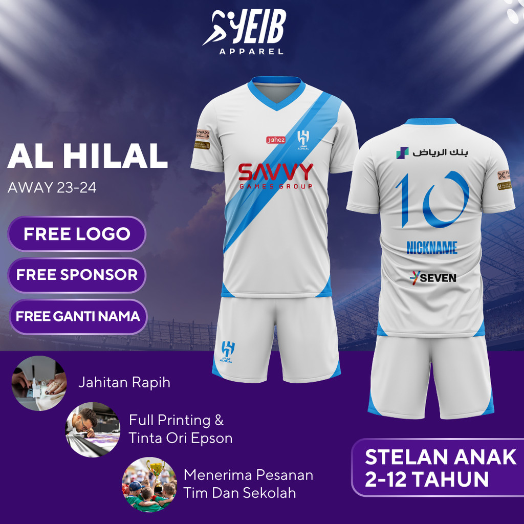 AL HILAL AWAY CHILDRENS FOOTBALL JERSEY 2023-2024 ARABIC LEAGUE CUSTOM FOOTBALL JERSEY CUSTOM NAME C