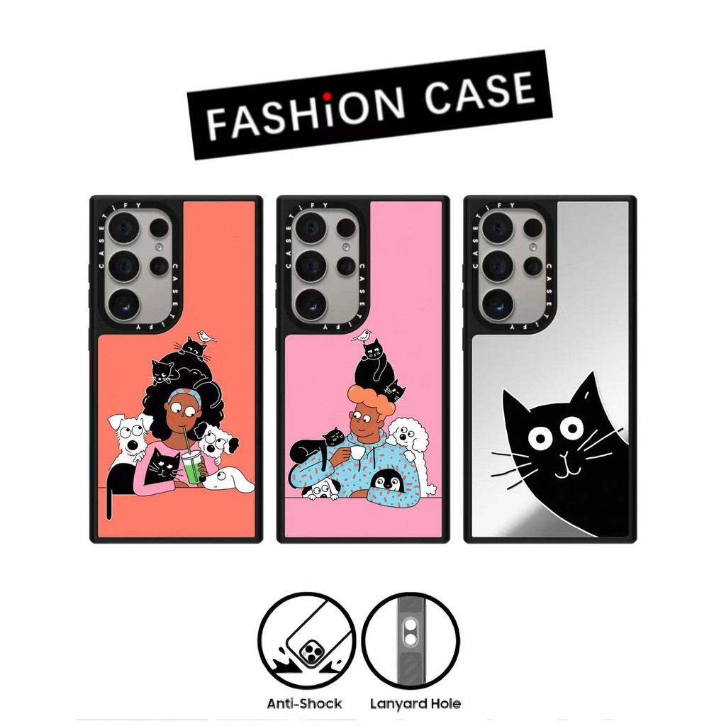 Drop proof CASETiCute Black CatMirror เคสโทรศัพท์สําหรับ Samsung Galaxy S25Ultra S25Plus S24Ultra S23Ultra ด้านข้างพิมพ์ hard case Drop proof กันกระแทกกรณี