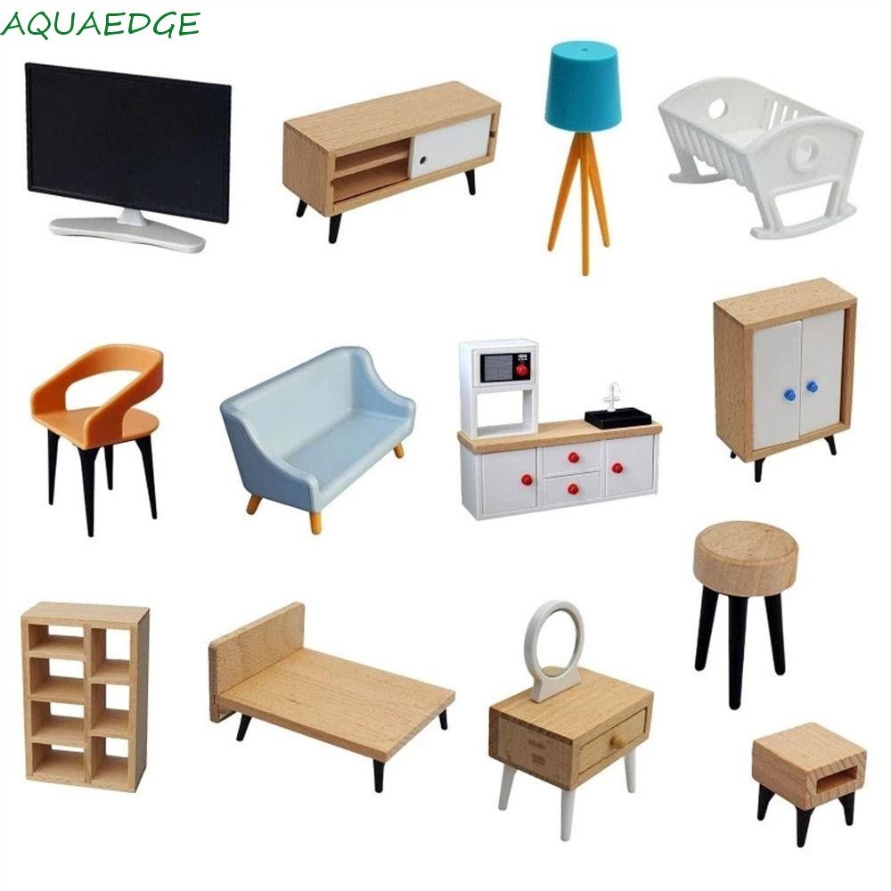 AQUAEDGE เฟอร์นิเจอร์บ้านตุ๊กตา โมเดล อุปกรณ์ตกแต่ง ชั้นวางหนังสือ ที่นอน ชุดทีวี ขนาดเล็ก