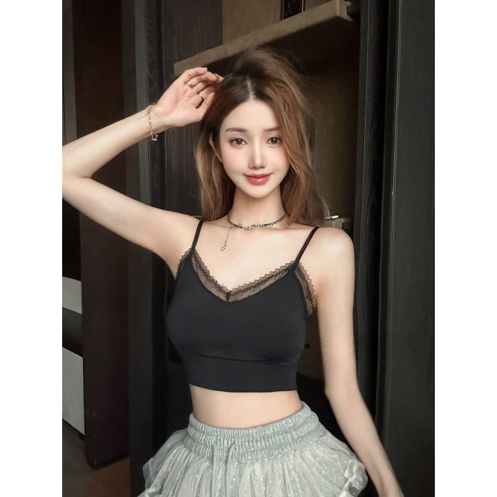 1588 เสื้อสายเดี่ยวครอปมีบราในตัว สายสามารถปรับสันและยาวได้ ผ้าฝ้ายนิ่มๆใส่สบาย เซ็กซี่หญิง Built-in Bra camisole