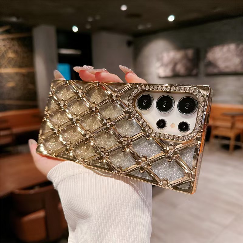 SAMSUNG หรูหราชุบrhombusรูปแบบbling Glitter Rhinestone 3Dดอกไม้สําหรับSamsung Galaxy S25 Ultra S24 S23 Ultra Plus S24FE A16 5Gกันกระแทกนุ่ม
