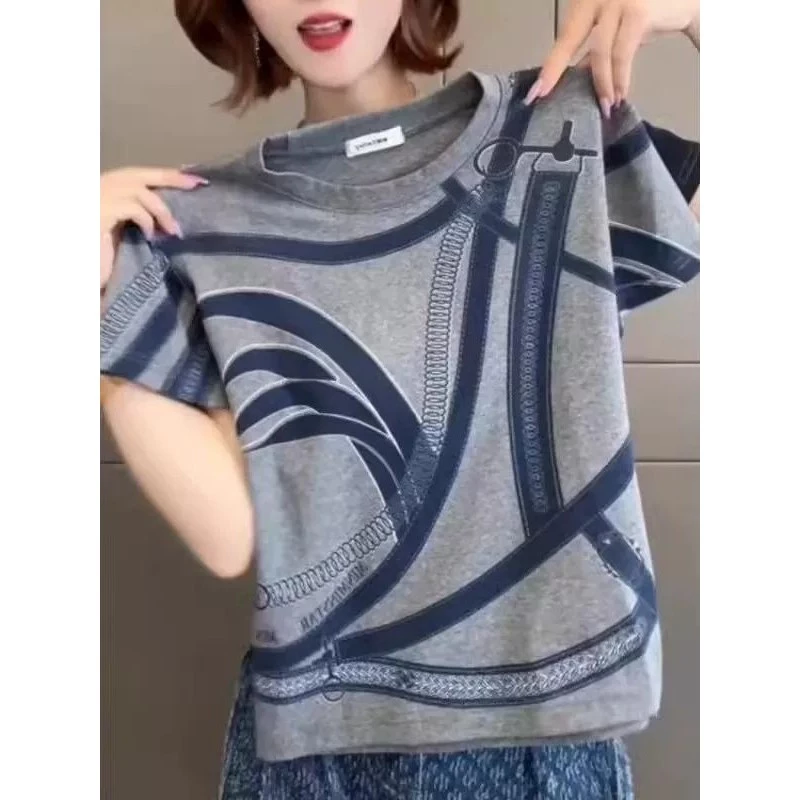 ฤดูร้อนของผู้หญิงใหม่แฟชั่นลําลองลายพิมพ์รอบคอครึ่งแขนเสื้อด้านบนเสื้อยืด
