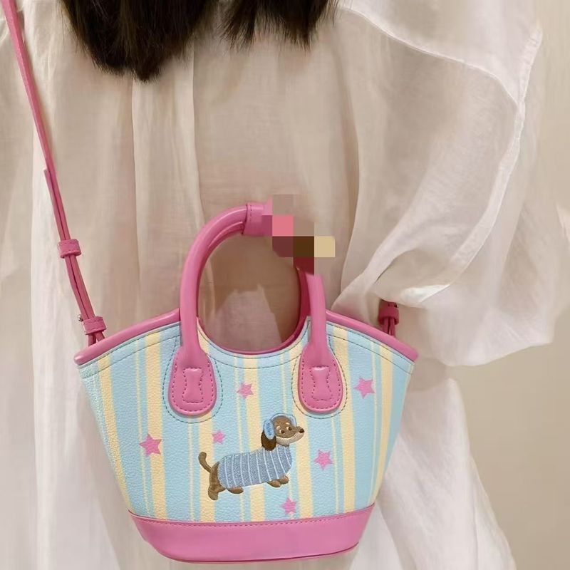 MOUSOON กระเป๋าสะพายไหล่ผู้หญิงน่ารักสีชมพูแฟชั่นไส้กรอกสุนัข Barrel Tote