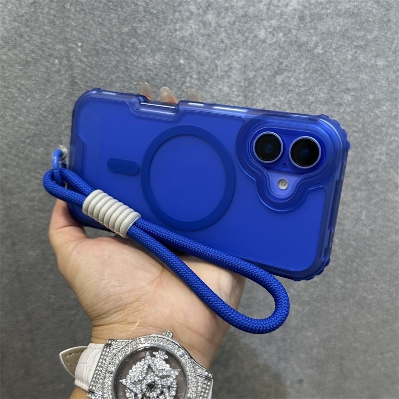 Ultramarine blue 3-in-1 magnetic military anti drop Hand Strap case เหมาะสําหรับ iPhone 16 15 14 13 12 Pro Maxเคสโทรศัพท์Apple 14 15 16 Plusเคสใส