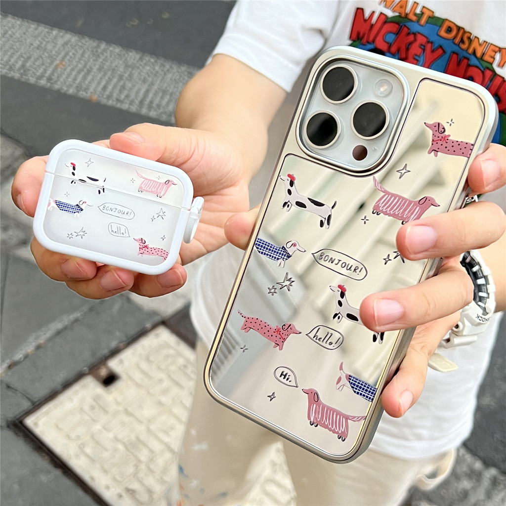 Huiwanju กระจกเคลือบด้วยไฟฟ้าสําหรับ iPhone16/14/13/15 Promax เคสโทรศัพท์มือถือการ์ตูนลูกสุนัขเคสป้องกันป้องกันการหล่น