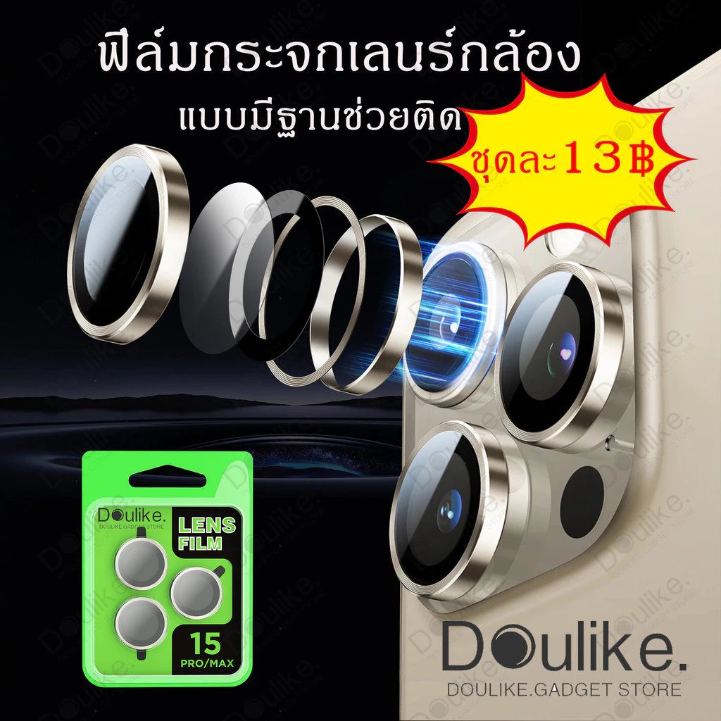 ฟิล์มเลนส์กล้องแบบใหม่ แบบมีบล๊อก ติดง่าย แค่วาง สำหรับ iPHONE 15/15 Pro Max/ 14/11/11PRO/11PROMAX/12/12PRO