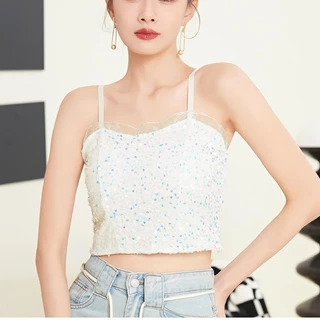 #452 เสื้อครอป สายเดี่ยว เซ็กซี่เงาวิบวับ สม็อคหลังสุดน่ารัก ไสตล์เกาหลี ใส่ได้ทุกโอกาส สดใส