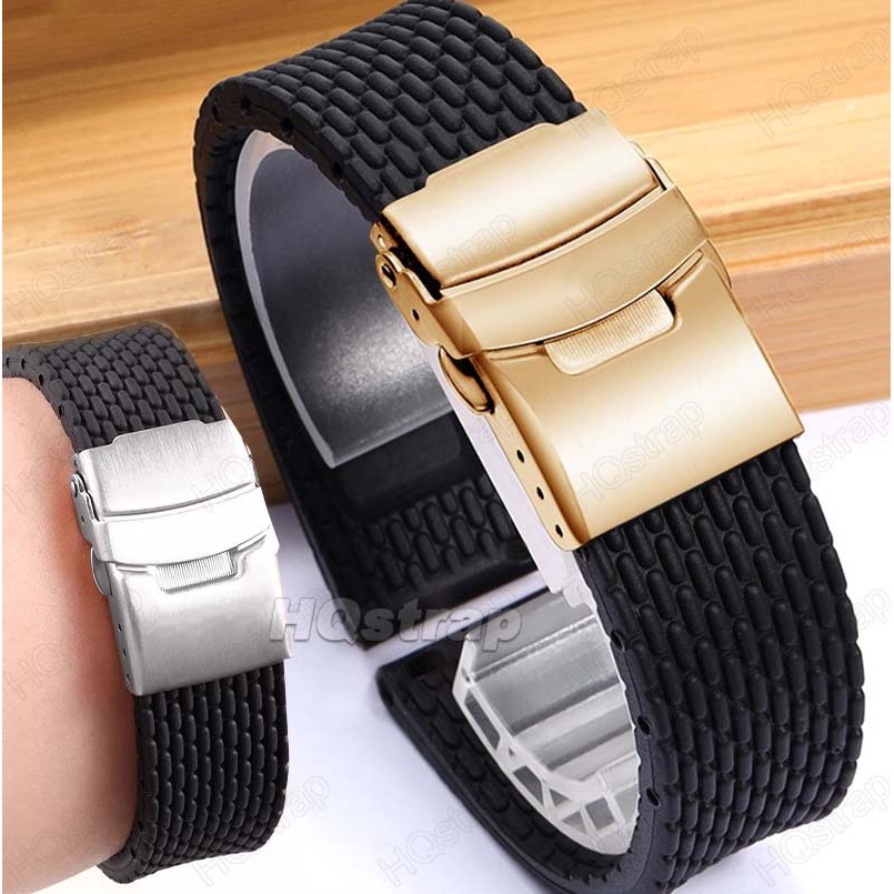 สายซิลิโคนกันน้ํา18มิลลิเมตร20มิลลิเมตร22มิลลิเมตร24มิลลิเมตรคู่กดพับหัวเข็มขัดสีดําทองด่วนที่วางจําหน่ายสายรัดข้อมือกีฬา