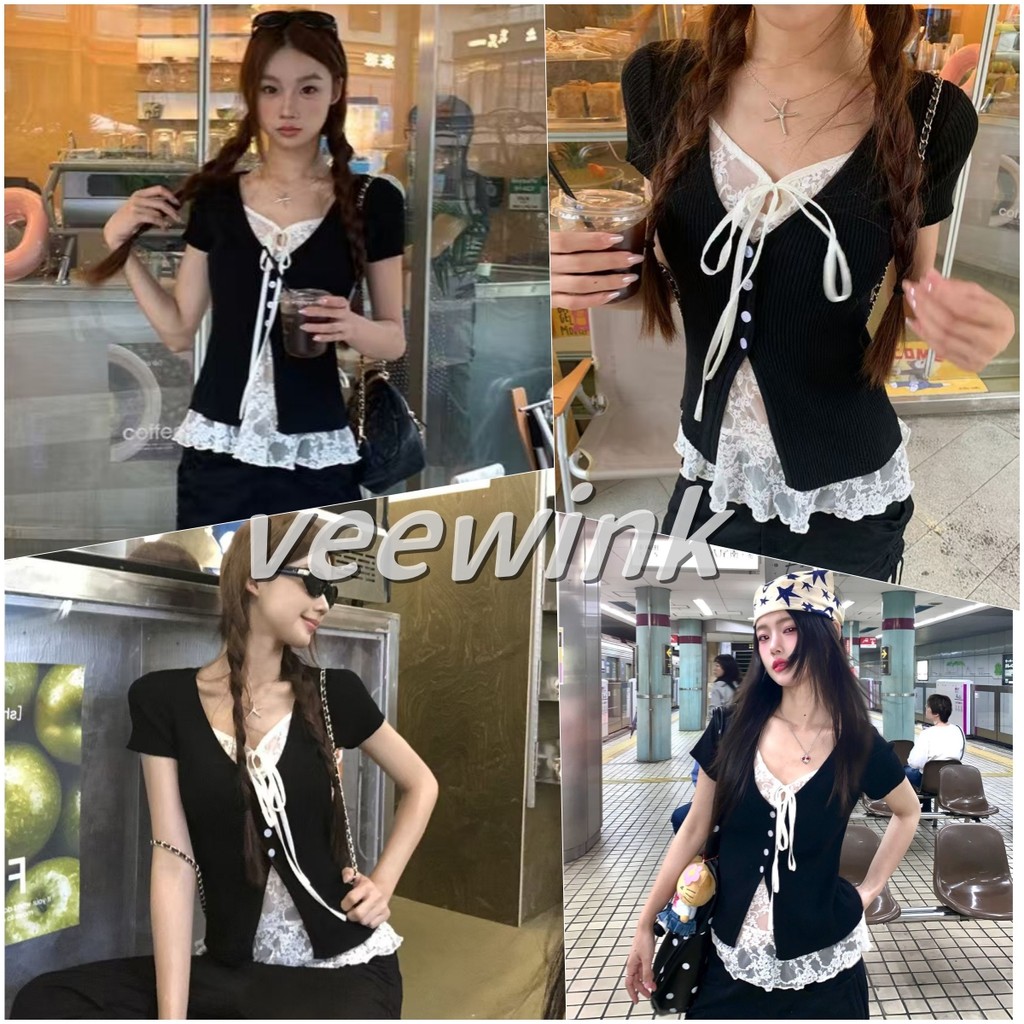 Veewink พร้อมส่งจากกทม เสื้อแขนสั้นลูกไม้สไตล์เกาหลี ใส่กระชับตัว แฟชั่นเฉพาะ