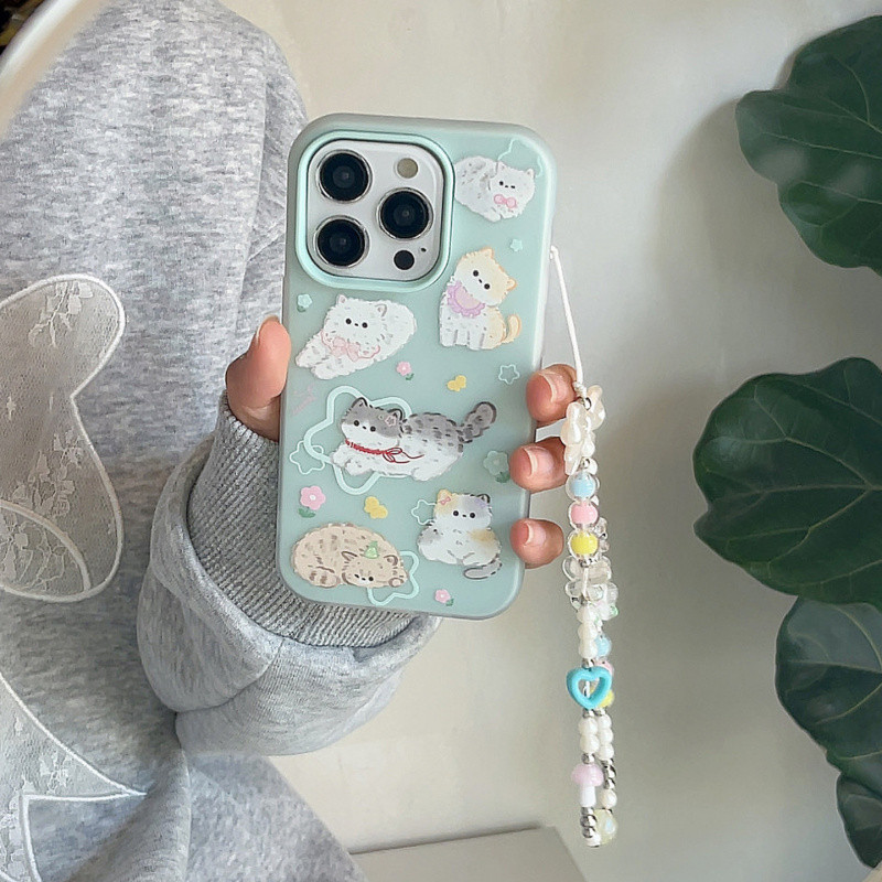 น่ารักการ์ตูนแมวป้องกันลายนิ้วมือฝ้ามิ้นท์สีเขียวเคสแข็งสําหรับiPhone 11 12 13 14 15 16 17 Pro Max Plusปลอก2-in-1 Anti Fallฝาครอบป้องกันสําหรับiPhone13กรณี