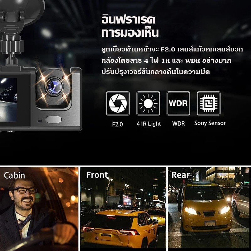 กล้องหน้ารถ2024 กล้องรถ 4k กล้องหน้ารถ3กล้อง (หน้า + ภายในรถ + ถอยหลัง) พร้อมการ์ดหน่วยความจำ 16/32g - รูปที่ 5