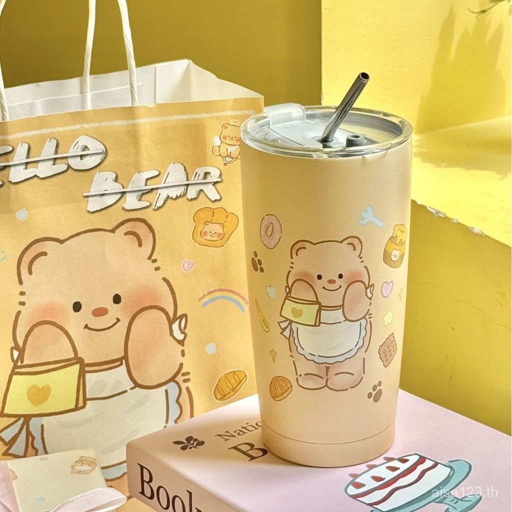 304สแตนเลสการ์ตูนเนยหมีถ้วยฟางฉนวนกันความร้อนนักเรียนถ้วยกาแฟสาวน่ารักถ้วยเครื่องดื่มเย็น