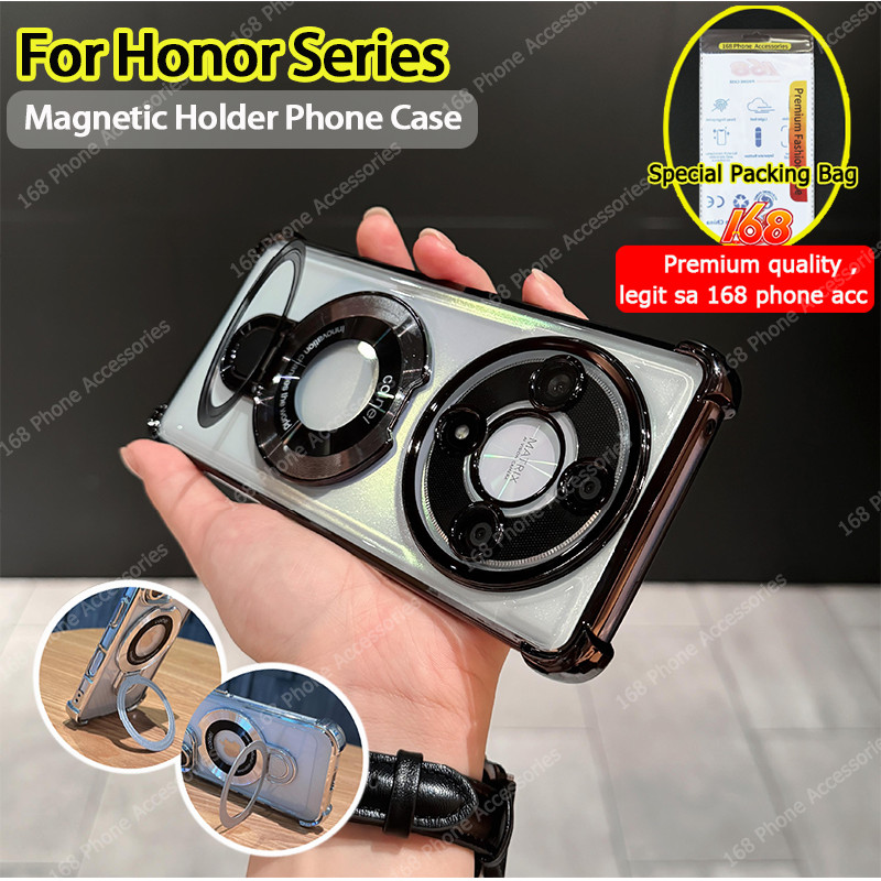 เคส Honor X9A X9B 5G ใสเยลลี่นุ่มกันกระแทกพร้อมตัวยึดแม่เหล็กขาตั้งโทรศัพท์ที่วางกล้องเลนส์ป้องกันเคสโทรศัพท์หนาถุงลมนิรภัยหรูหราโปร่งใสขอบชุบไฟฟ้า