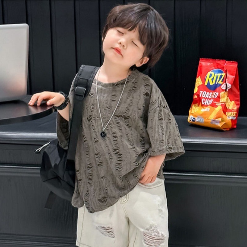 Kidเสื้อยืดรอบคอแขนสั้นบางหลวมTเสื้อธรรมดาHole Breaking Design Topsแฟชั่นเด็กสาวUnisexสวมใส่