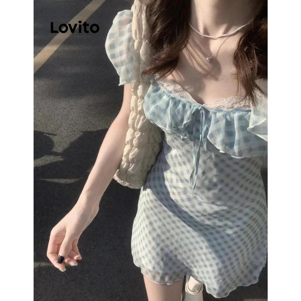 Lovito ชุดเดรสผู้หญิง ลายสก๊อต แต่งระบาย สไตล์ลำลอง LNE68449
