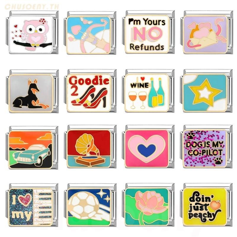 ยอดนิยม Love Heart Pattern Oil Italian Charm Links Fit สร้อยข้อมือสแตนเลส 9 มม. ทําเครื่องประดับ