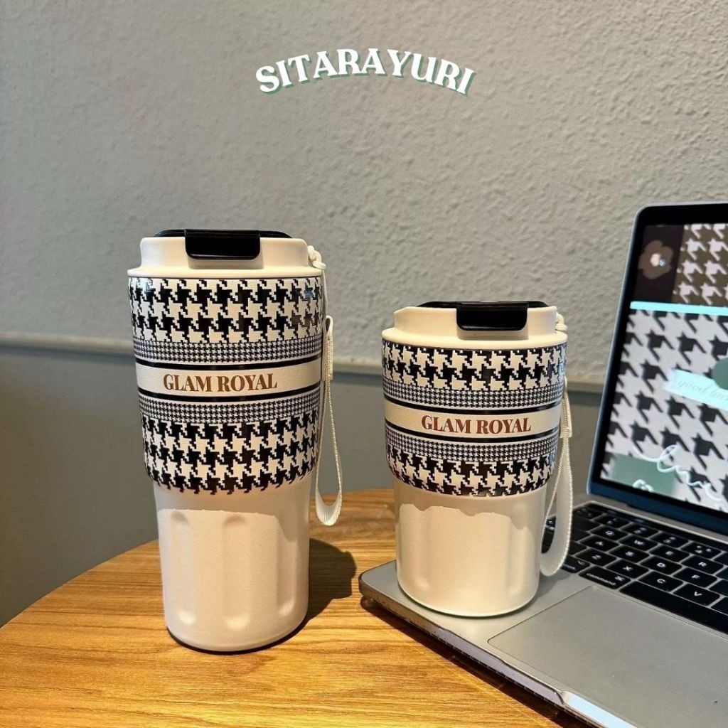 SITARAYURI แก้วน้ำใส่ ชา กาแฟ เก็บอุณหภูมิร้อน/เย็น GLAM ROYAL ลวดลายสวยทันสมัย สแตนเลส 304 แบบเปิดยกดื่มพร้อมสายหิ้ว