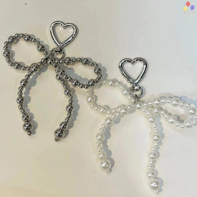 [CO] Insสไตล์bowknotลูกปัดจี้โทรศัพท์รักหัวเข็มขัดkey Chain Silver HeartหูฟังกรณีCharmกระเป๋าDecorแหวนกุญแจรถTH