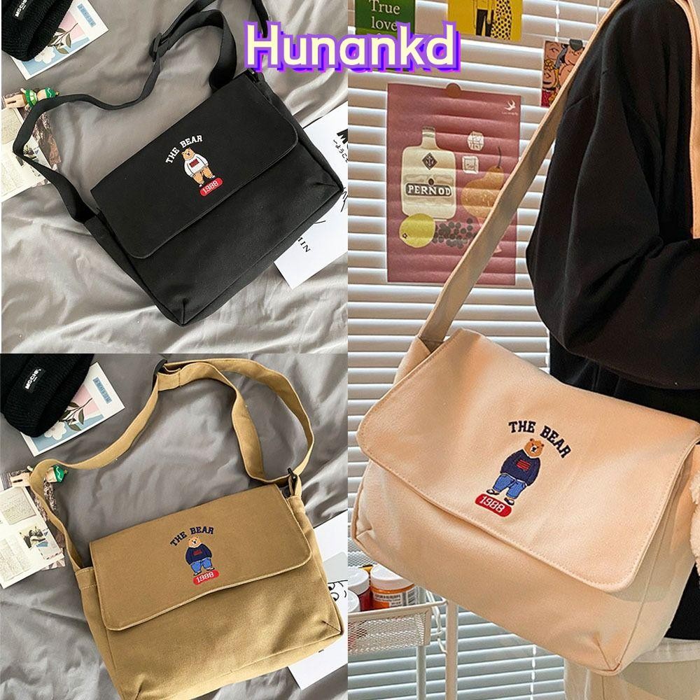 Hunan กระเป๋าสะพายนักเรียน,ผ้าใบความจุขนาดใหญ่คุณภาพสูง กระเป๋า Messenger,หมีเย็บปักถักร้อยย้อนยุค กระเป๋าผู้หญิงผู้ชาย