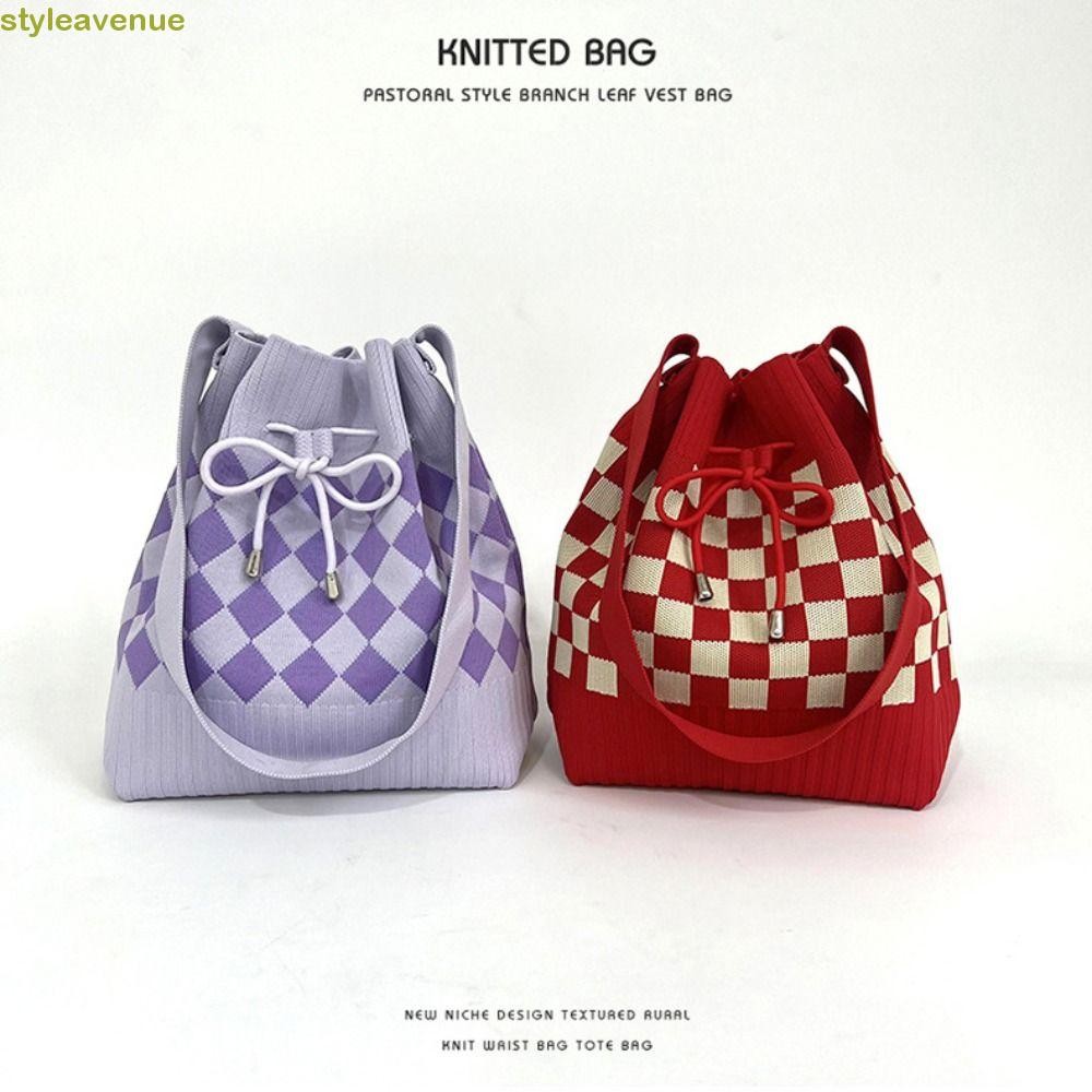 Styleavene Houndstooth Bucket Bag, Pocket Soft Diamond Drawstring Bag, Fashion Commute กระเป๋าถือความจุขนาดใหญ่ถักกระเป๋าสะพายตรวจสอบ