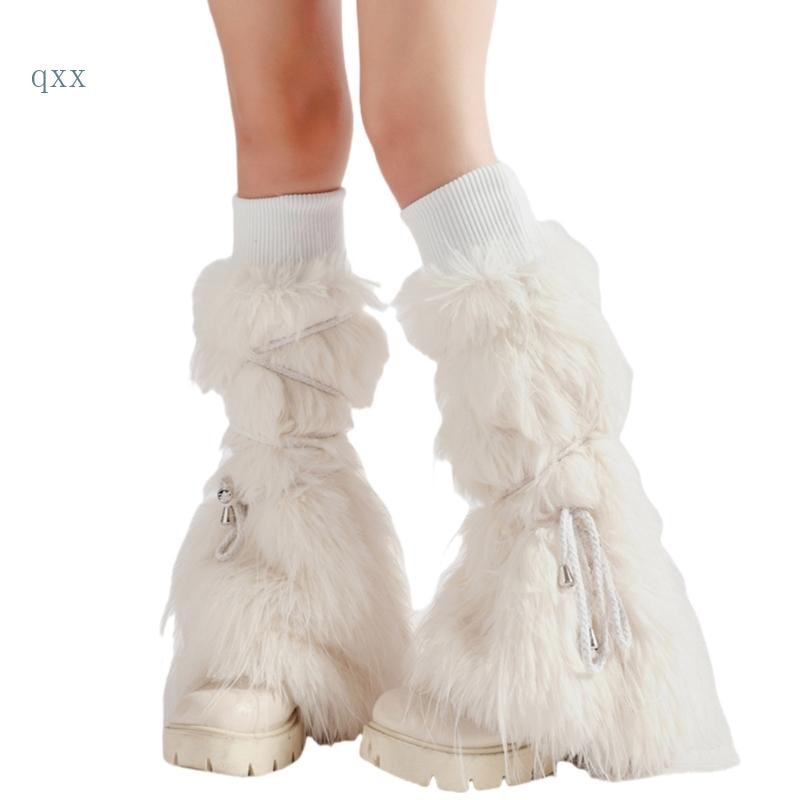 Ch *READY STOCK Ribbed Cuffs Plush ขาอุ่นสําหรับผู้หญิงฤดูหนาว Warm Harajuku Ties Up ผ้าพันคอ Furry Boot ครอบคลุม Flared