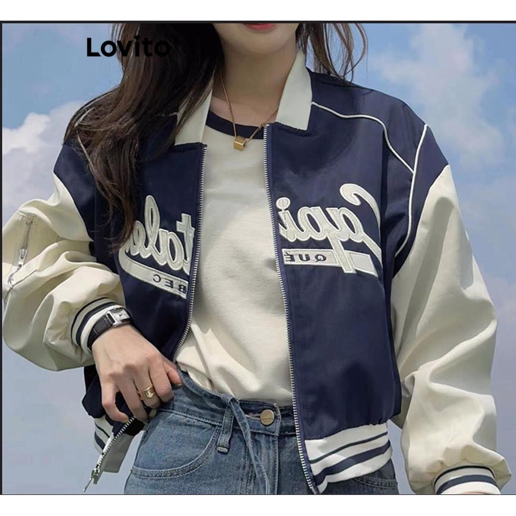 Lovito เสื้อแจ็คเก็ตซิปธรรมดาสำหรับผู้หญิง LNA72221