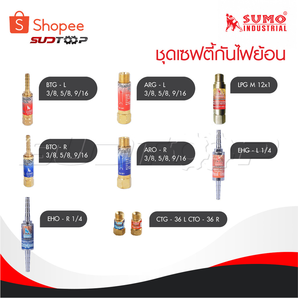 SUMO กันไฟย้อน BTG-L/BTO-R กันไฟย้อน ARO-R/ARO-L กันไฟย้อนชุดหัวเผา แก๊ส LPG M12x1 ชุดเซฟตี้กันลมกันไฟ