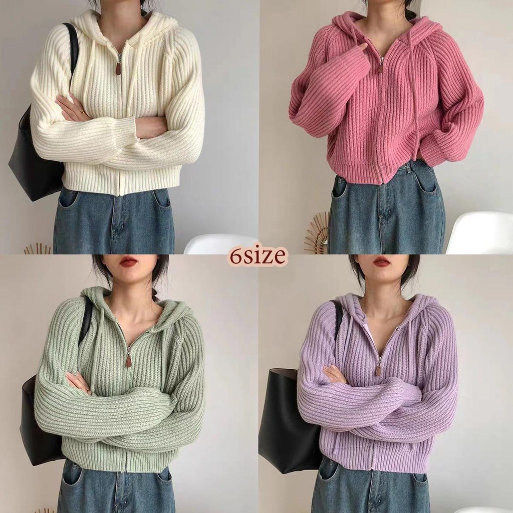 DODO#พร้อมส่ง เสื้อแขนยาวไหมพรมมีฮู้ด ผู้หญิงเกาหลีมีฮู้ดด้านบนหลวมแบนสีตัดแจ็คเก็ตคาร์ดิแกนถักแขนยาว #42006 Clothing