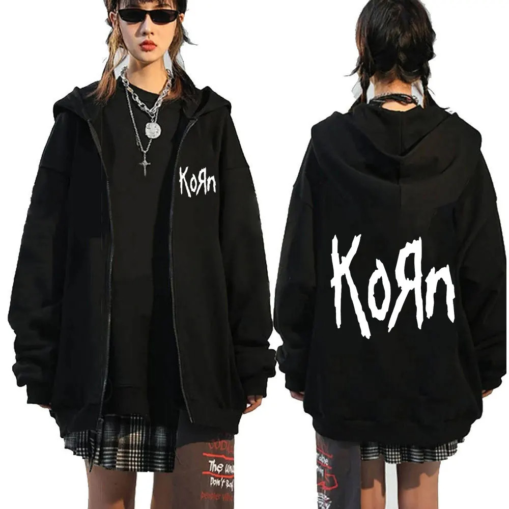 2024 ใหม่ผู้ชายและผู้หญิง y2k พิมพ์ Korn Rock Band โลโก้ตัวอักษรซิป Hoodie ฤดูใบไม้ผลิและฤดูใบไม้ร่วงขนแกะแขนยาว