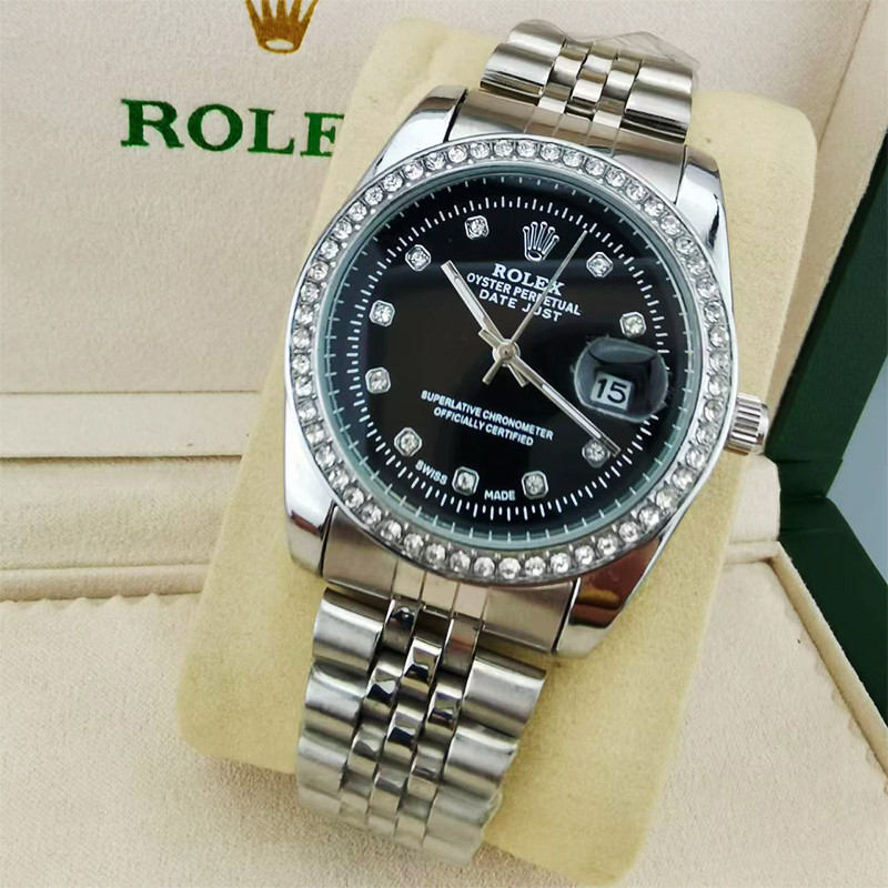 Rolex แฟชั่นนาฬิกาฝังเพชรแถบเหล็กไม่เต็มอัตโนมัติกลไกผู้ชายนาฬิกายี่ห้อควอตซ์ปฏิทินนาฬิกา